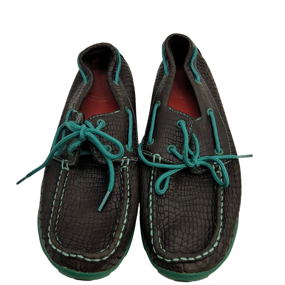 Twisted X Women's Size 10 Black Croc Texture Teal Laces Driving Moc Boat Shoes